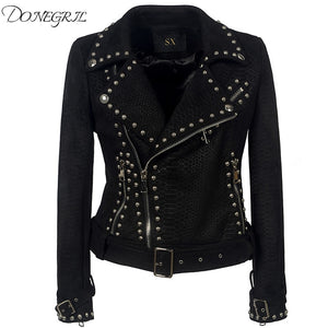 2020 spring and autumn lapel zipper PU leather punk rivet deer velvet jacket