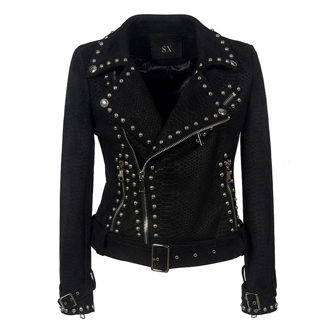 2020 spring and autumn lapel zipper PU leather punk rivet deer velvet jacket